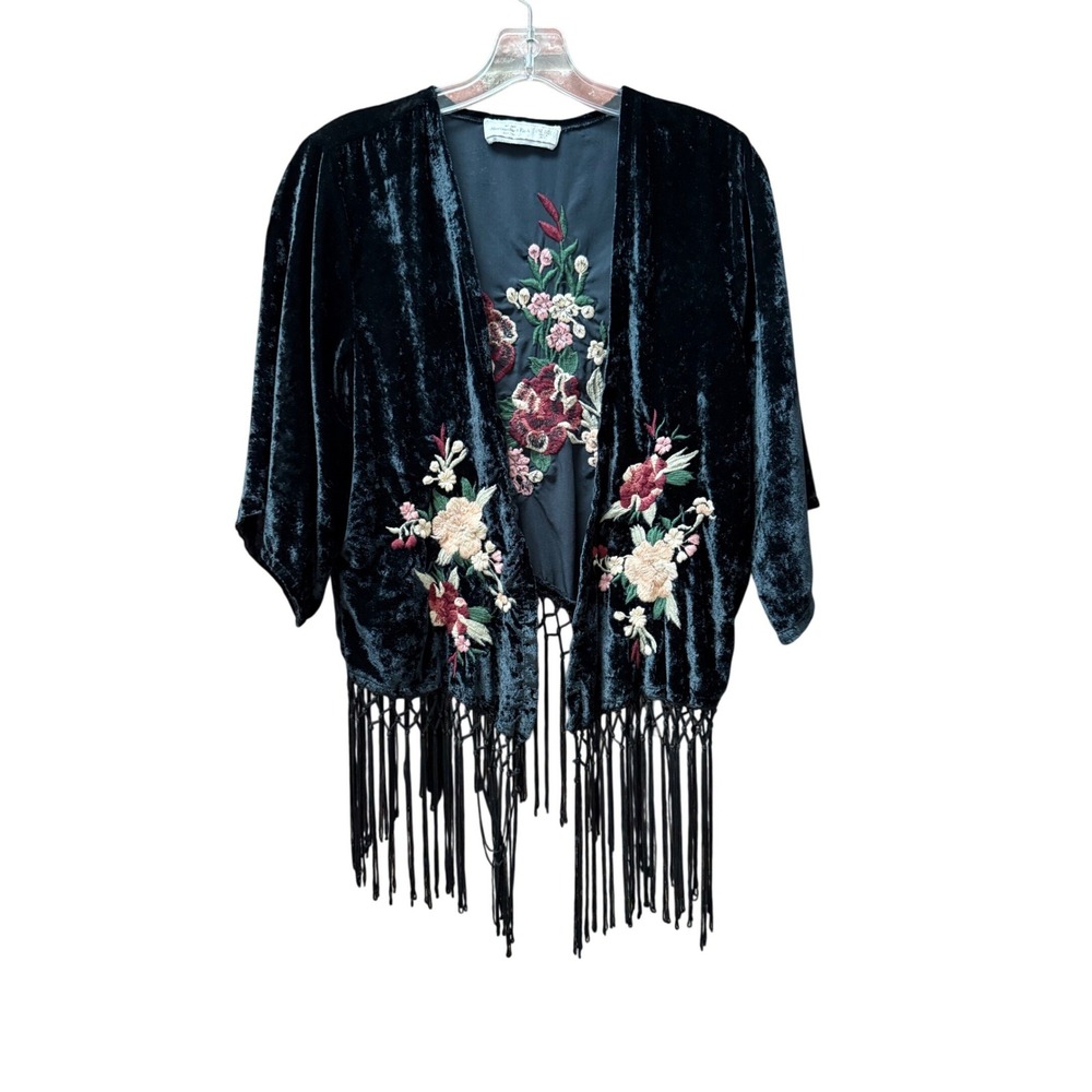 Abercrombie Fitch Valerie Velvet Floral Embroidered Kimono Boho Fringe One Size
